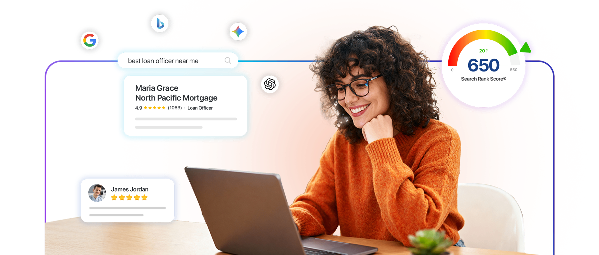 Search Rank Score meter at 650 out of 850 with loan officer ranked first on Google. Experience.com local search ranking platform