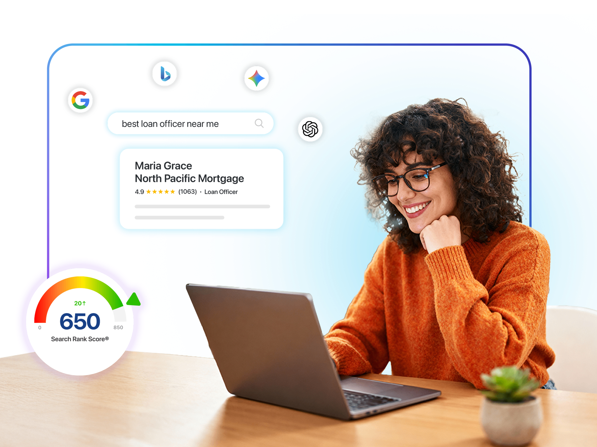 Search Rank Score meter at 650 out of 850 with loan officer ranked first on Google. Experience.com local search ranking platform